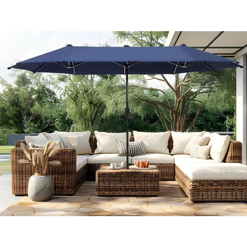 Double-Sided Twin Large Patio Umbrella with Crank, Navy Blue