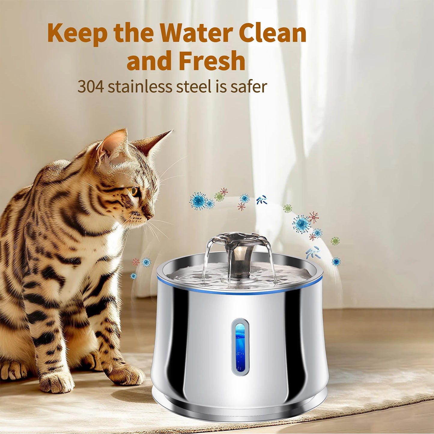 Stainless Steel Water Fountain for Cats Dog Transparent Window Pet Water Fountain with Sensor & Filter Cat Mute Water Dispenser