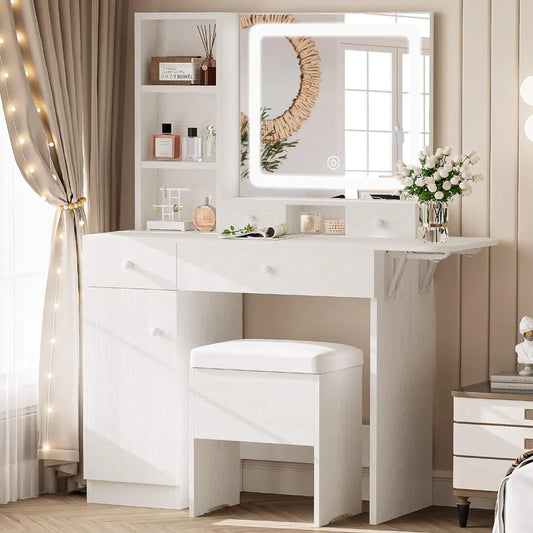 LIKIMIO Vanity Desk with Drawers & LED Lighted Mirror