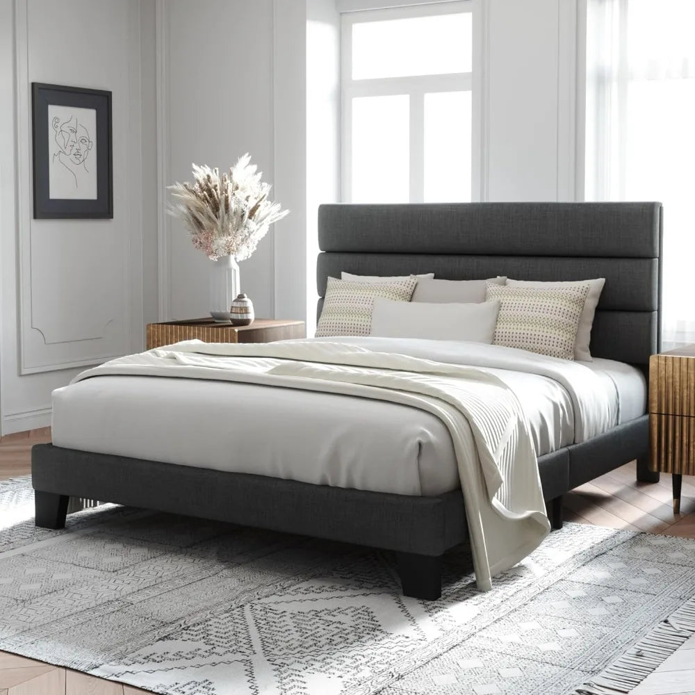 Queen Size Platform Bed Frame with Fabric Upholstered Headboard