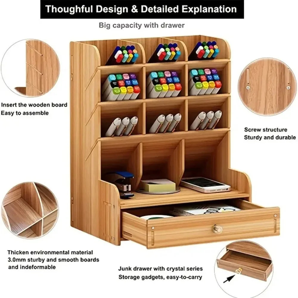 Multifunctional Wooden Pen Organizer