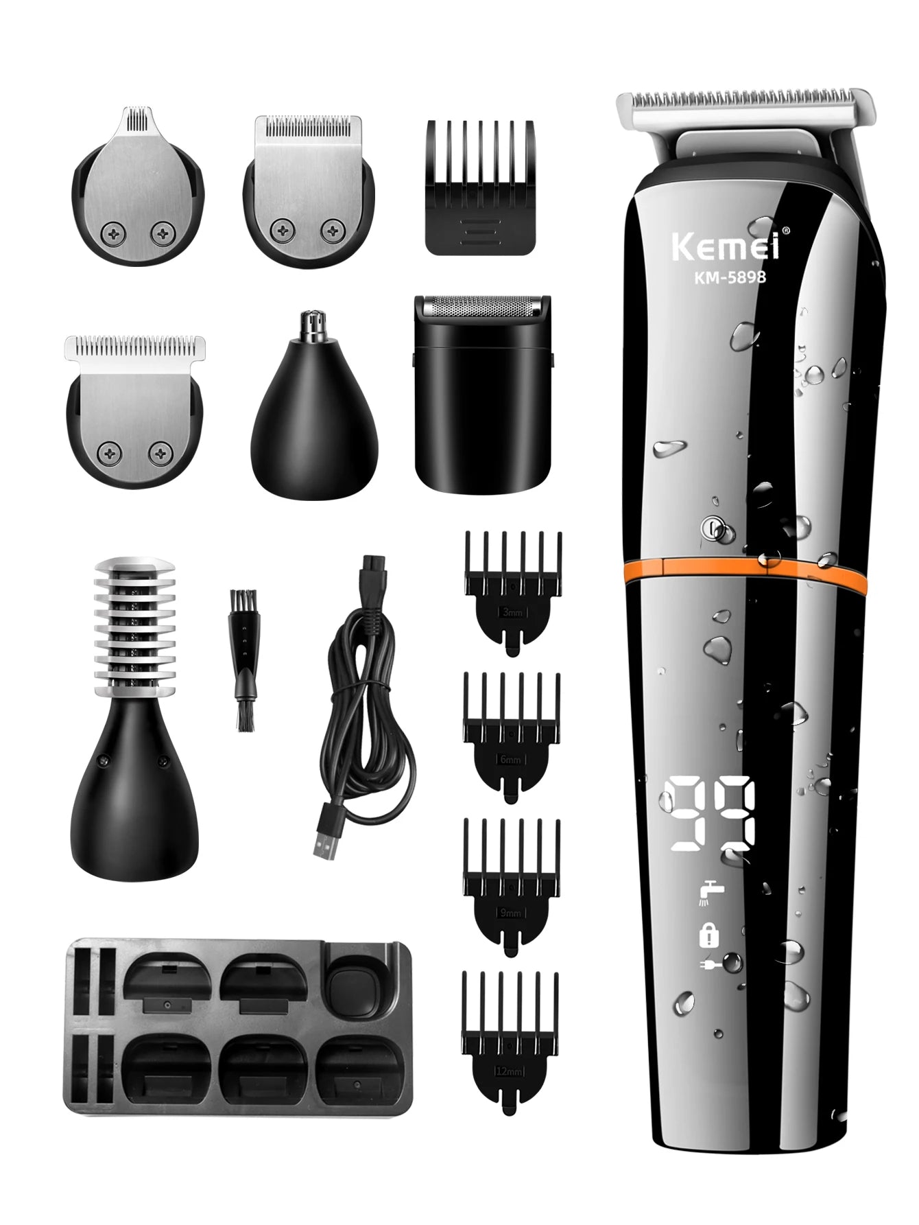 Kemei 11-in-1 Waterproof Men's Grooming Kit – Beard Trimmer, Razor, Hair Clippers & Nose Trimmer