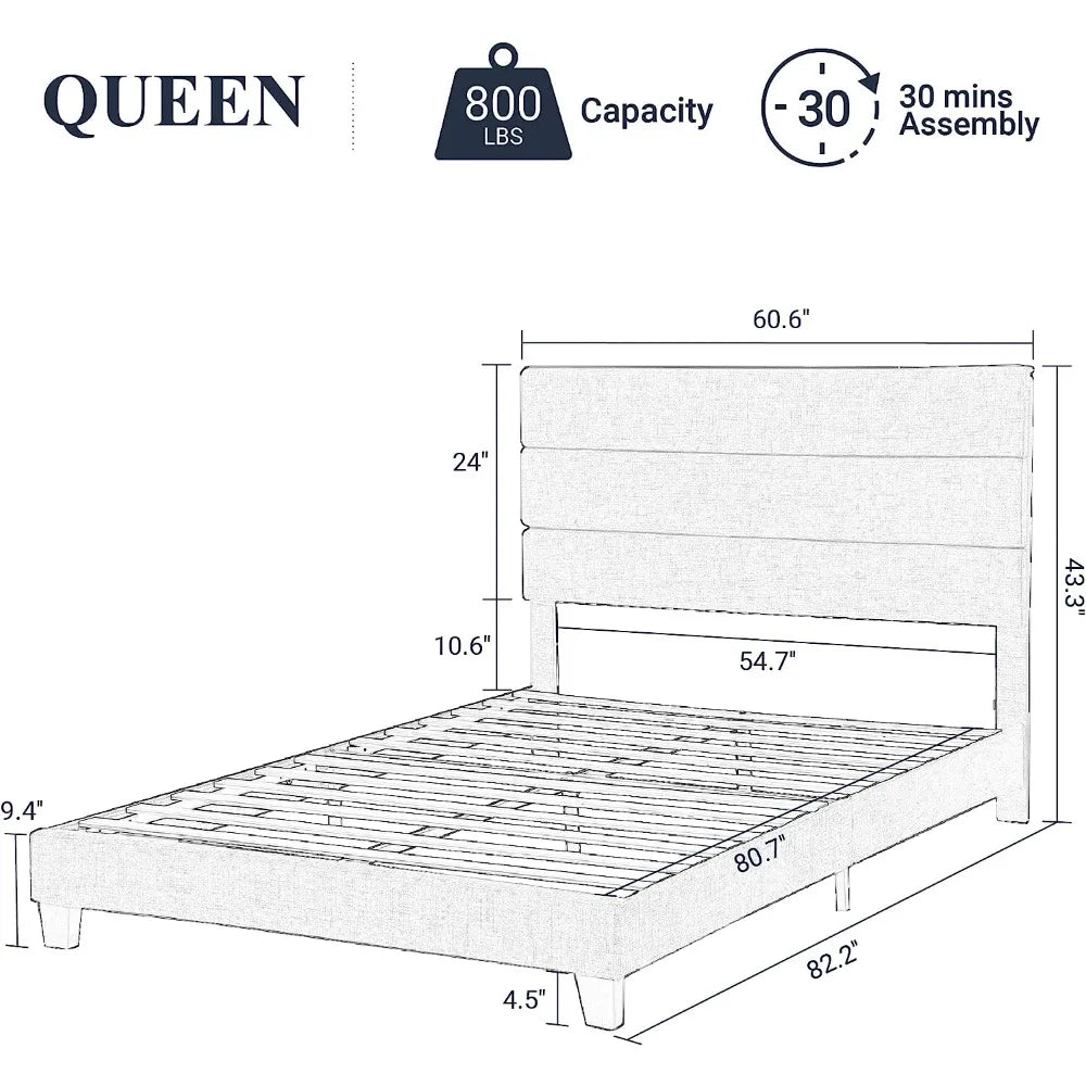 Queen Size Platform Bed Frame with Fabric Upholstered Headboard