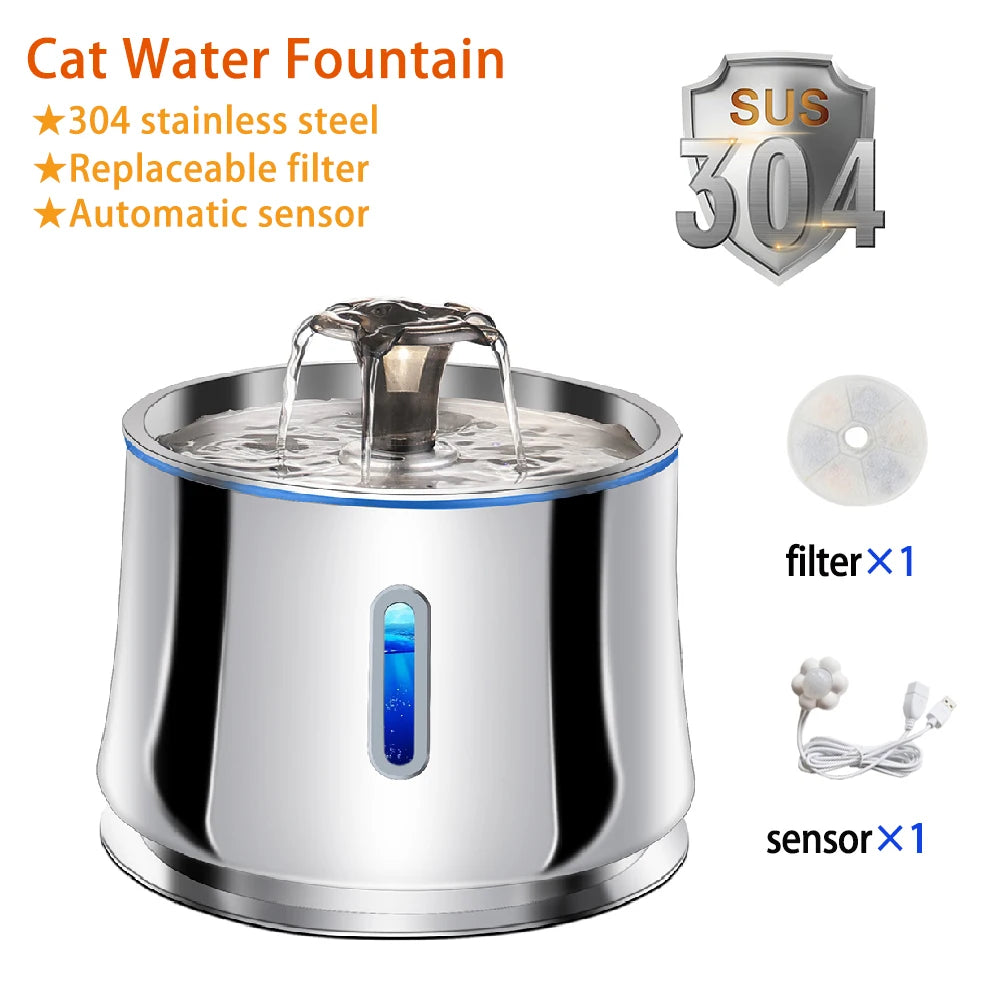 Stainless Steel Water Fountain for Cats Dog Transparent Window Pet Water Fountain with Sensor & Filter Cat Mute Water Dispenser