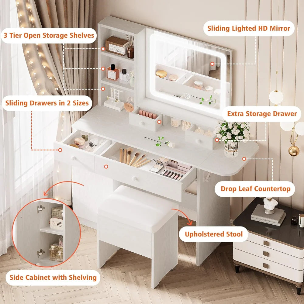 LIKIMIO Vanity Desk with Drawers & LED Lighted Mirror